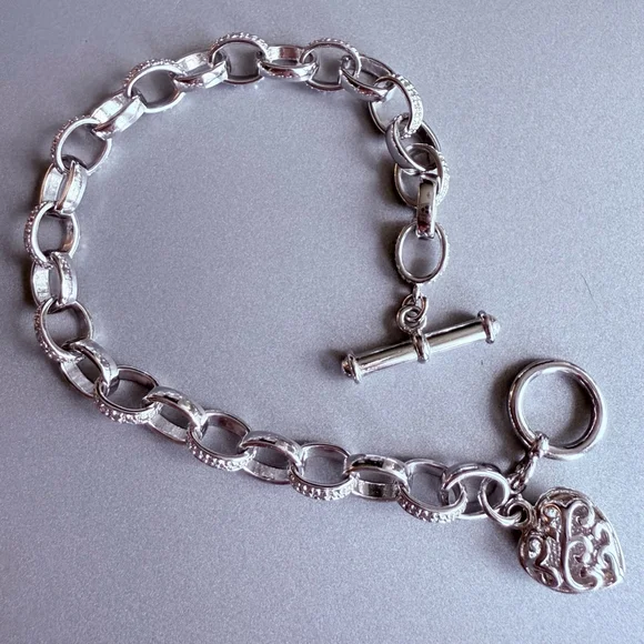 Sterling Silver 925 Eternity Link Diamond Heart Tag Charm Toggle Bracelet - Picture 6 of 8